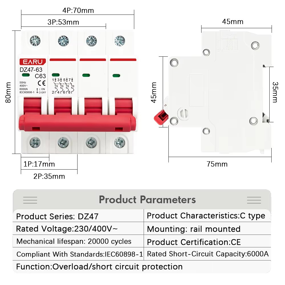 DZ47 1P 2P 3P 4P 3A-63A AC 230 - Din Rail Circuit Breaker 리뷰 및 가격